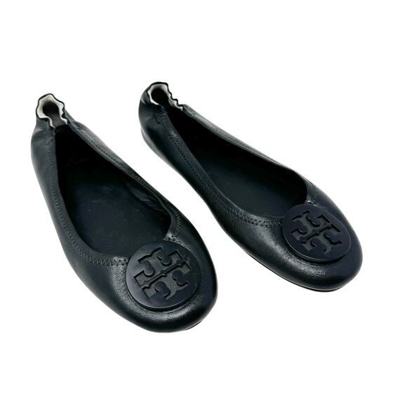 Tory Burch Minnie Travel Flats Black Leather Tonal Logo Ballet Shoes Size 7.5 - Picture 1 of 7